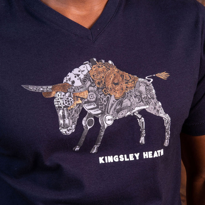 Steampunk Nguni Bull V-Neck Tee Midnight