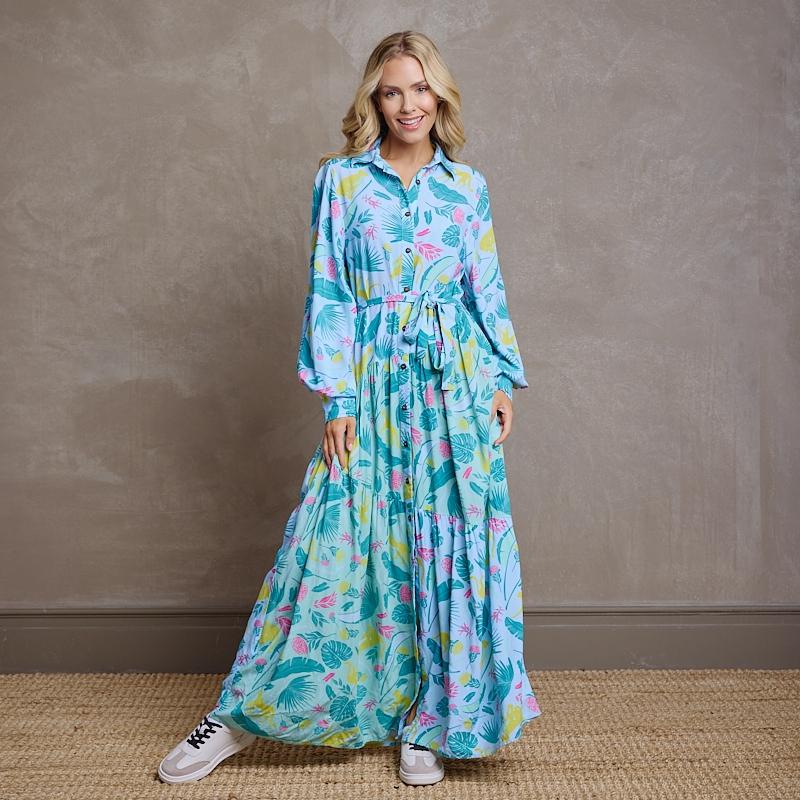 Kingsley Cheetah Elements Bishop Sleeve Dress - Seafoam
