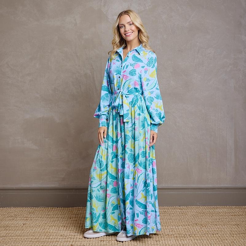 Kingsley Cheetah Elements Bishop Sleeve Dress - Seafoam