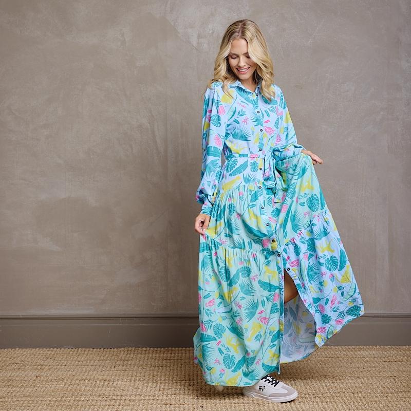 Kingsley Cheetah Elements Bishop Sleeve Dress - Seafoam