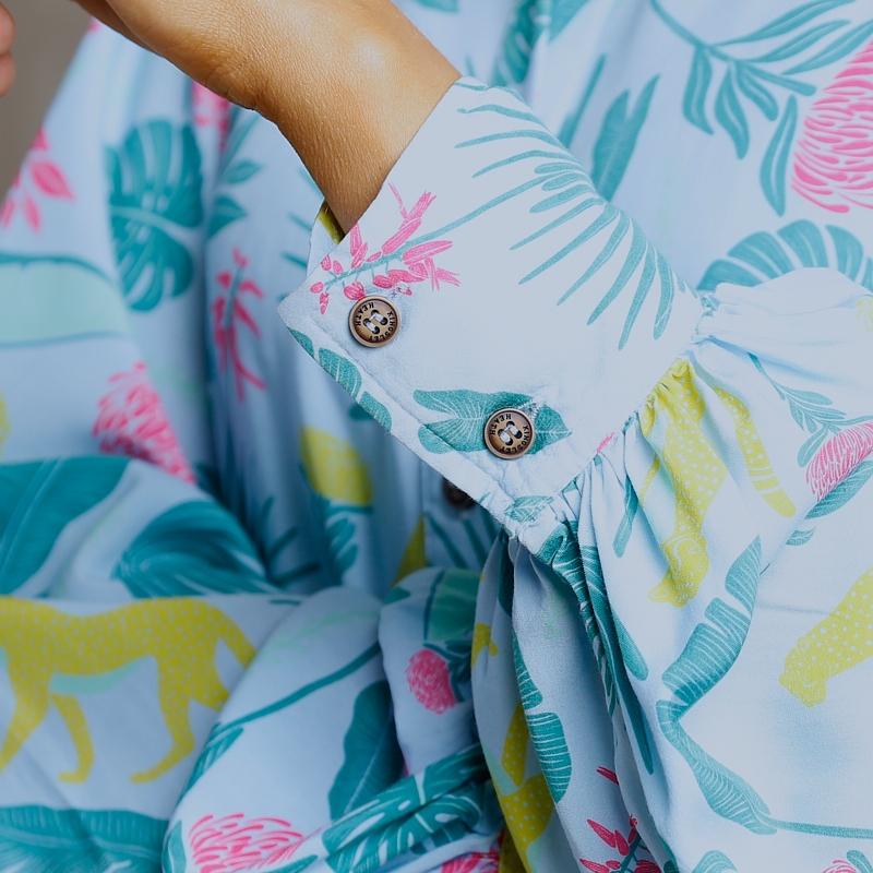 Kingsley Cheetah Elements Bishop Sleeve Dress - Seafoam