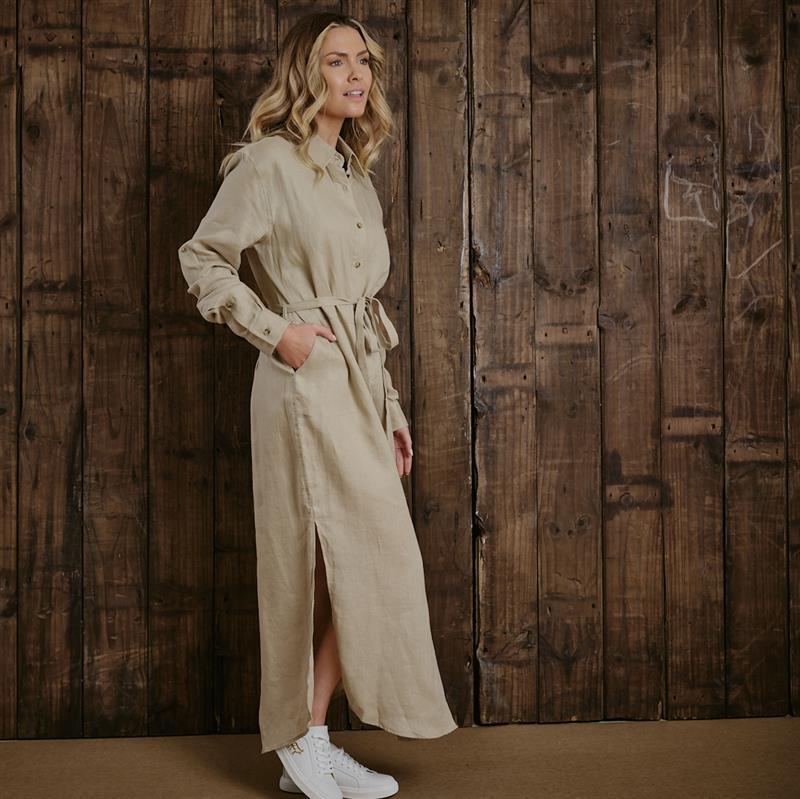 Kingsley Summer Linen Shirt Dress - Sand
