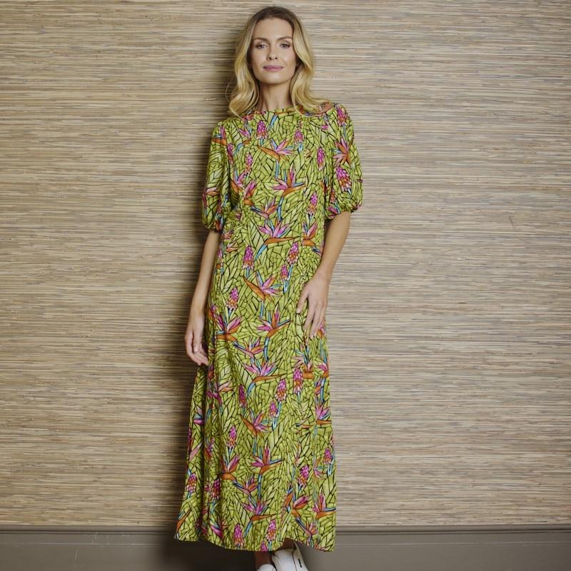 Stain Glass Strelitzia A line Dress - Moss