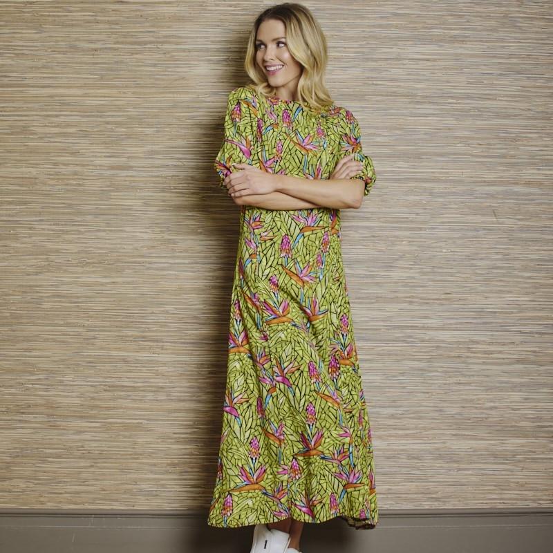 Stain Glass Strelitzia A line Dress - Moss