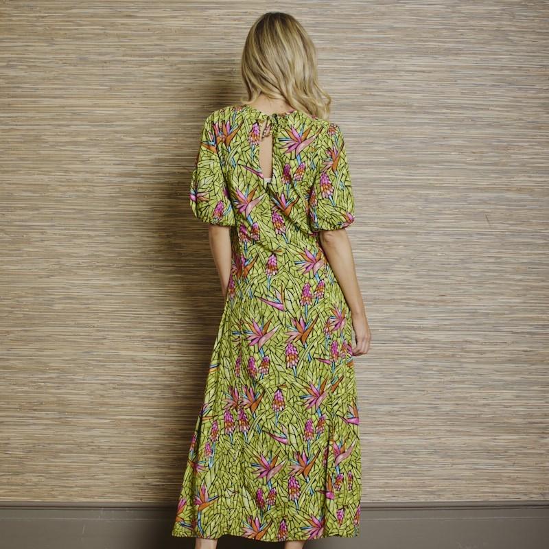 Stain Glass Strelitzia A line Dress - Moss