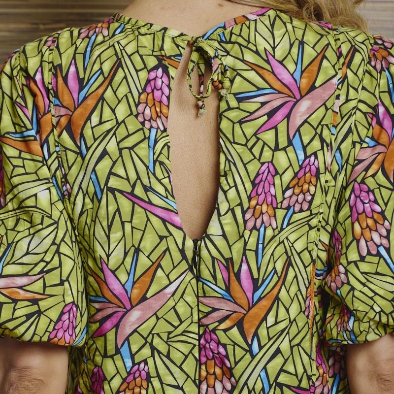 Stain Glass Strelitzia A line Dress - Moss