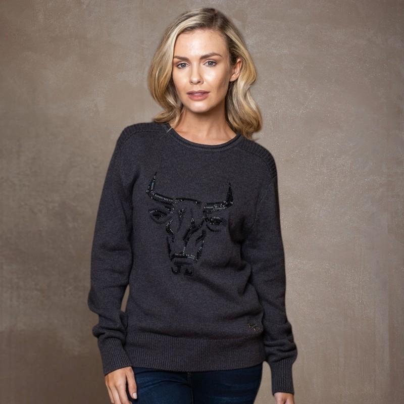 Luxe Beaded Skull Pullover Knit Gravel  - Gravel