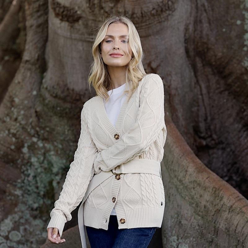Cable Belted Cardi Knit - Ivory - Kingsley Heath