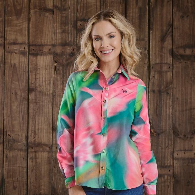 Kingsley Bold Floral Kaleidoscope Silk Blend Slim Fit Shirt  - Teal