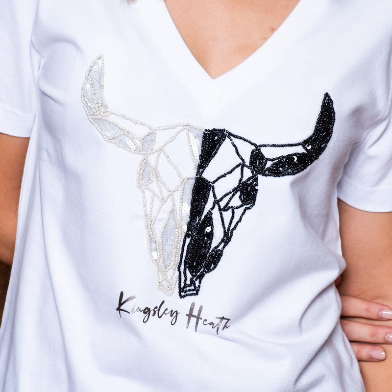 African Luxe Skull V-Neck Shabby Tee Pelican