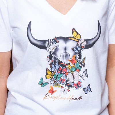 Butterfly Skull V-Neck Shabby Tee Pelican