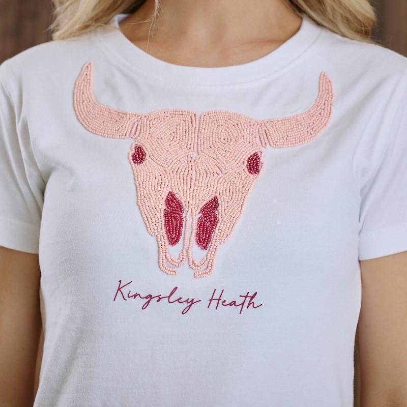 Kingsley Colourful Bead Skull Slim Crew Tee  - Pelican