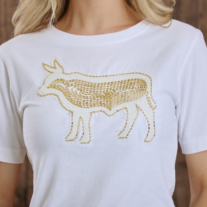 Beaded Applique Nguni Regular Crew Tee - Pelican