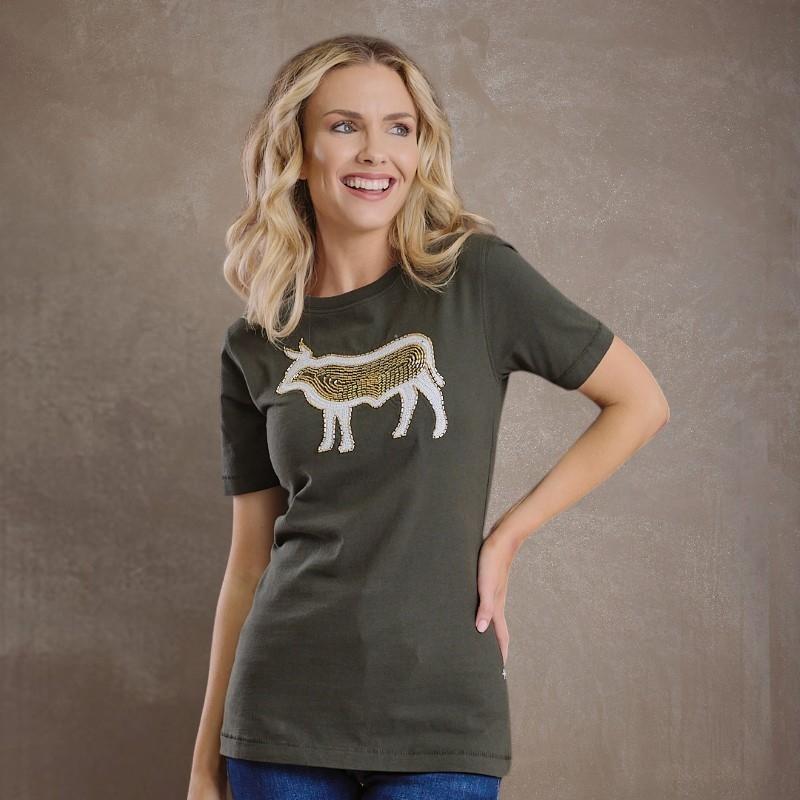 Beaded Applique Nguni Regular Crew Tee - Fatigue