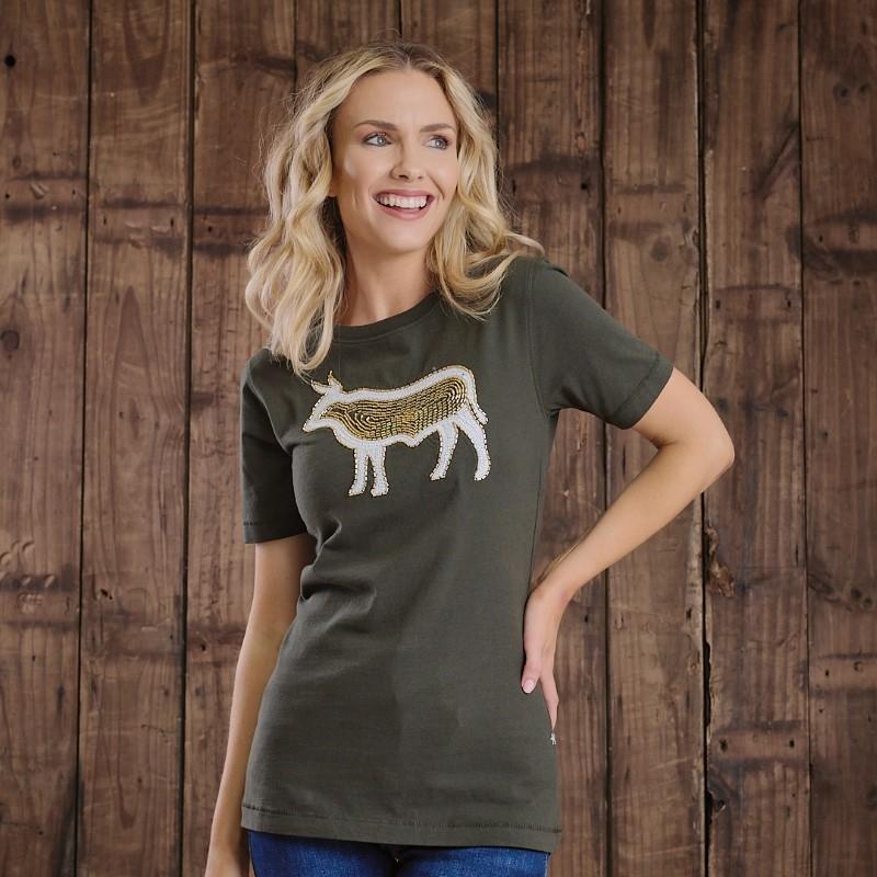 Beaded Applique Nguni Regular Crew Tee - Fatigue