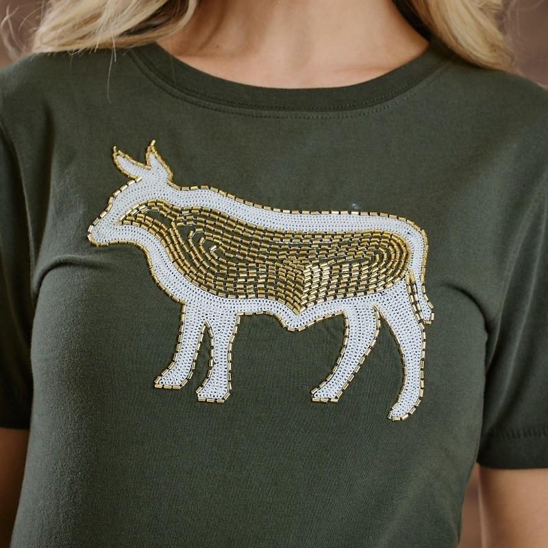 Beaded Applique Nguni Regular Crew Tee - Fatigue