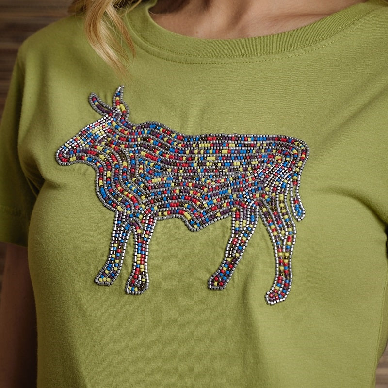 Zulu Beaded Nguni Crew Tee - Moss