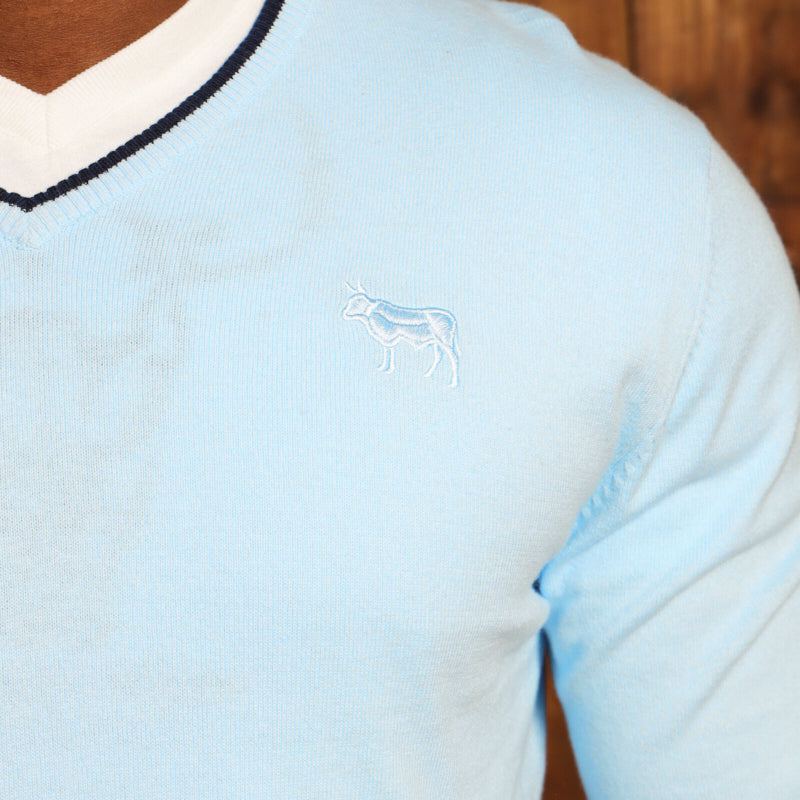 Kingsley Double Tipped Cashmere Blend V-Neck Pullover - Sky