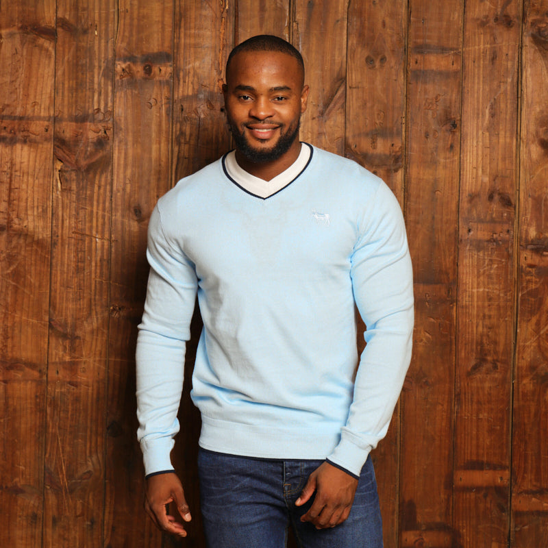 Kingsley Double Tipped Cashmere Blend V-Neck Pullover - Sky