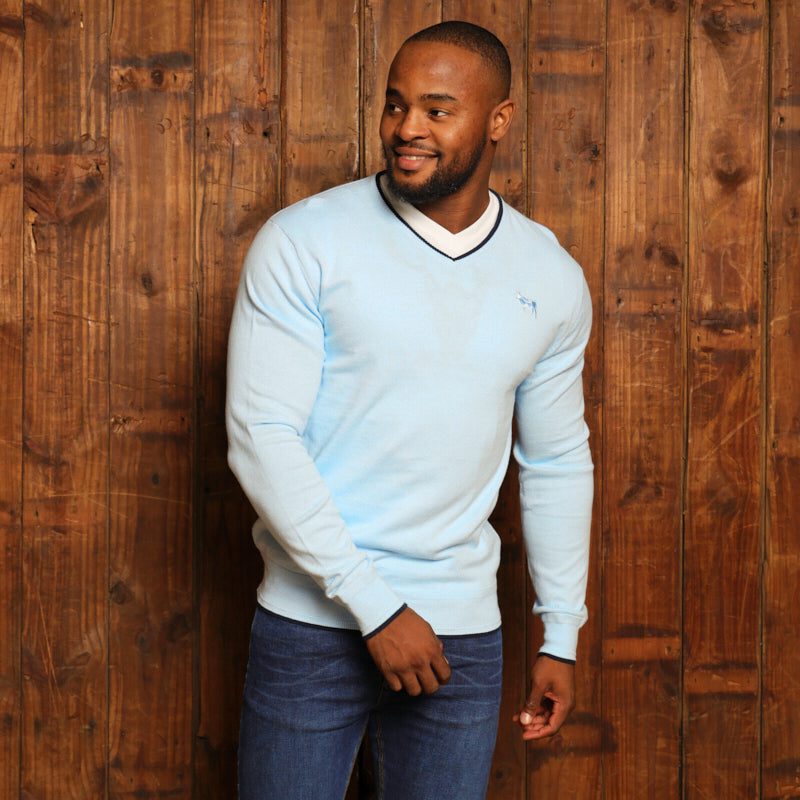 Kingsley Double Tipped Cashmere Blend V-Neck Pullover - Sky