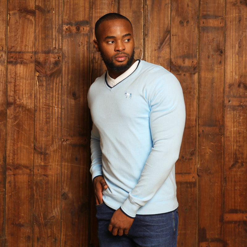 Kingsley Double Tipped Cashmere Blend V-Neck Pullover - Sky