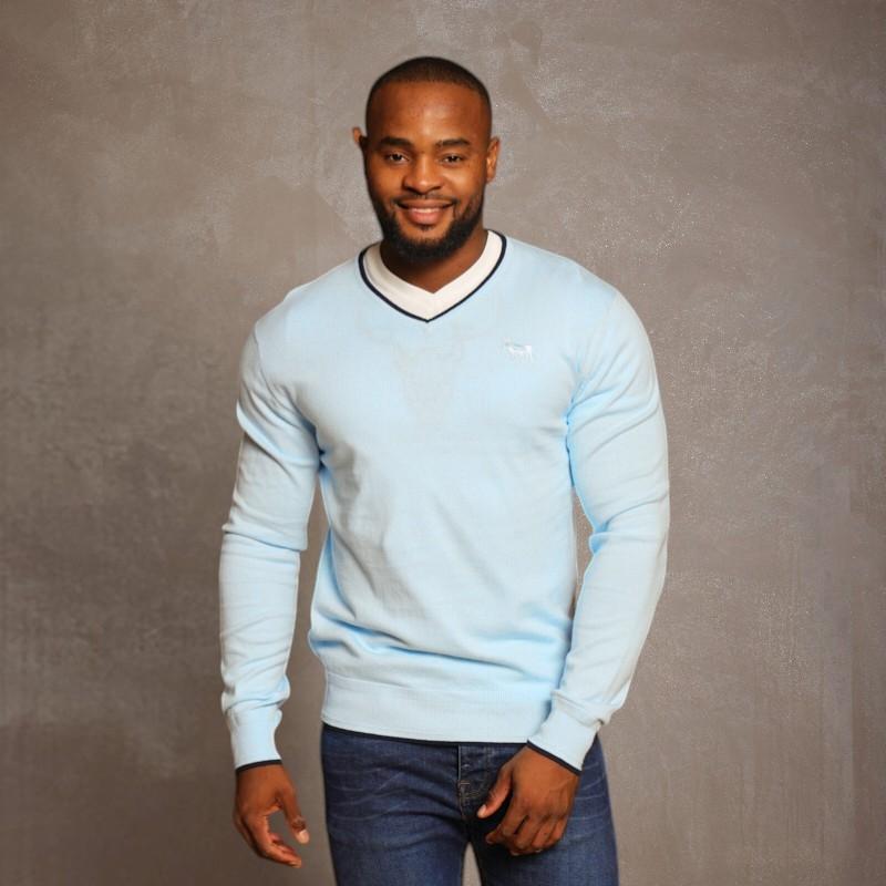 Double Tipped Cashmere Blend V-Neck Pullover - Sky