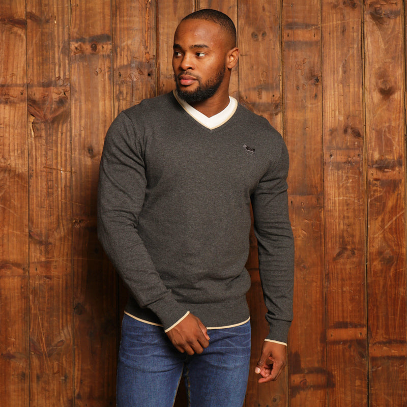 Double Tipped Cashmere Blend V-Neck Pullover - Gravel