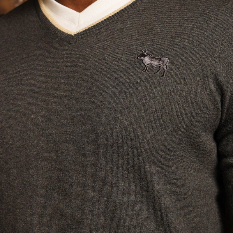 Double Tipped Cashmere Blend V-Neck Pullover - Gravel