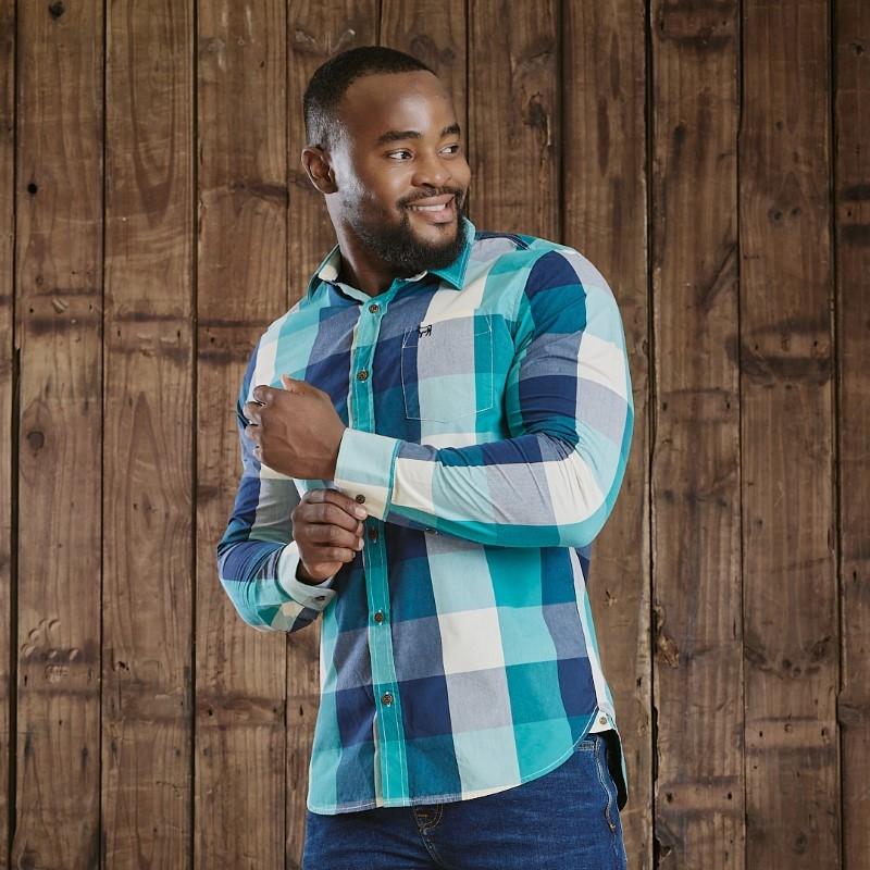 Kingsley Hidden Valley Winelands Large Pane Muscle Fit Shirt - Teal
