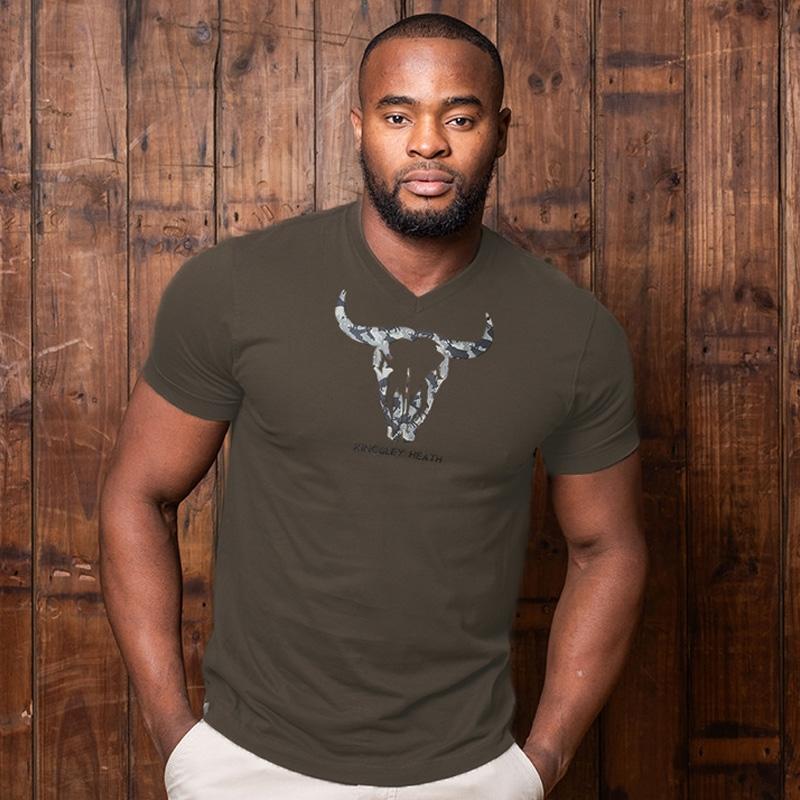 Kingsley Camo Outline Skull V-Neck Tee - Fatigue