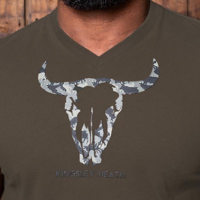 Kingsley Camo Outline Skull V-Neck Tee - Fatigue