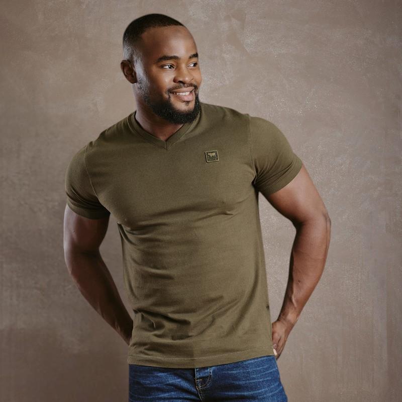 Kingsley Solid Antique Brass Badge V-Neck Tee - Fatigue