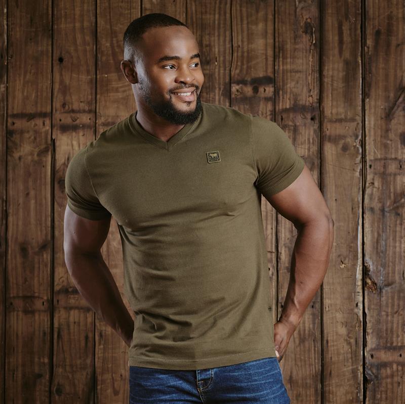 Kingsley Solid Antique Brass Badge V-Neck Tee - Fatigue