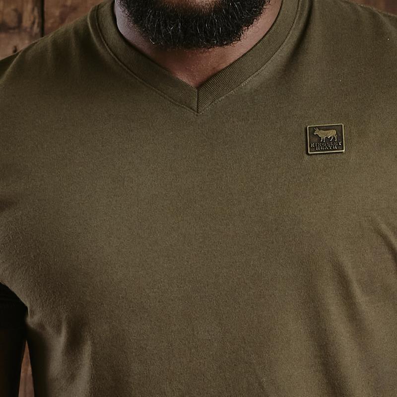 Kingsley Solid Antique Brass Badge V-Neck Tee - Fatigue