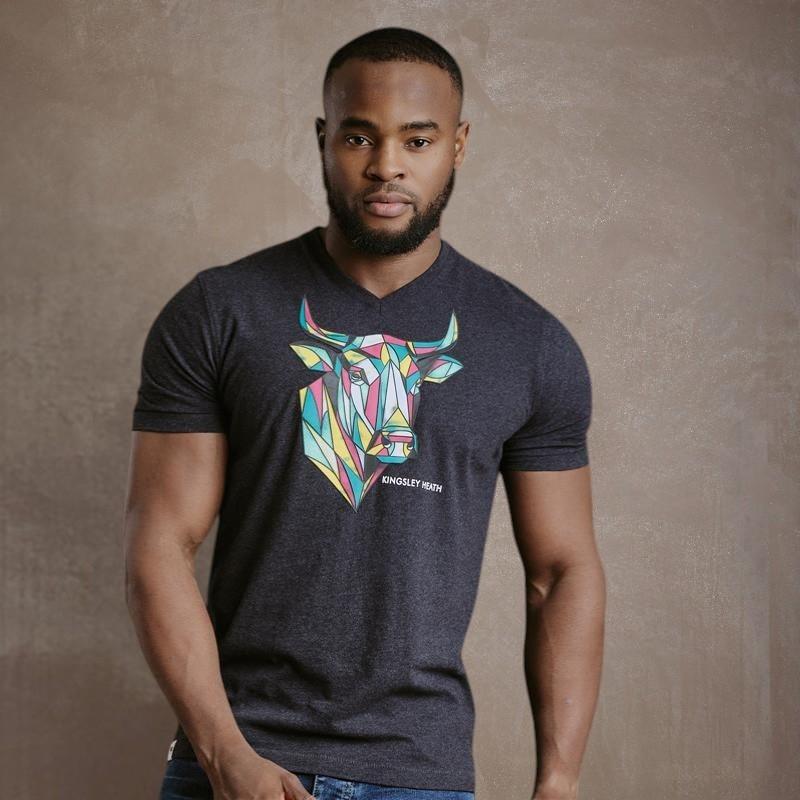 Kingsley Stain Glass Skull V-Neck Tee - Gravel