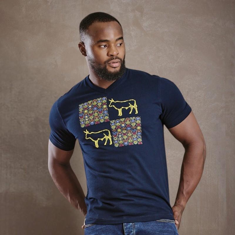 4 Block Nguni V-Neck Tee - Midnight