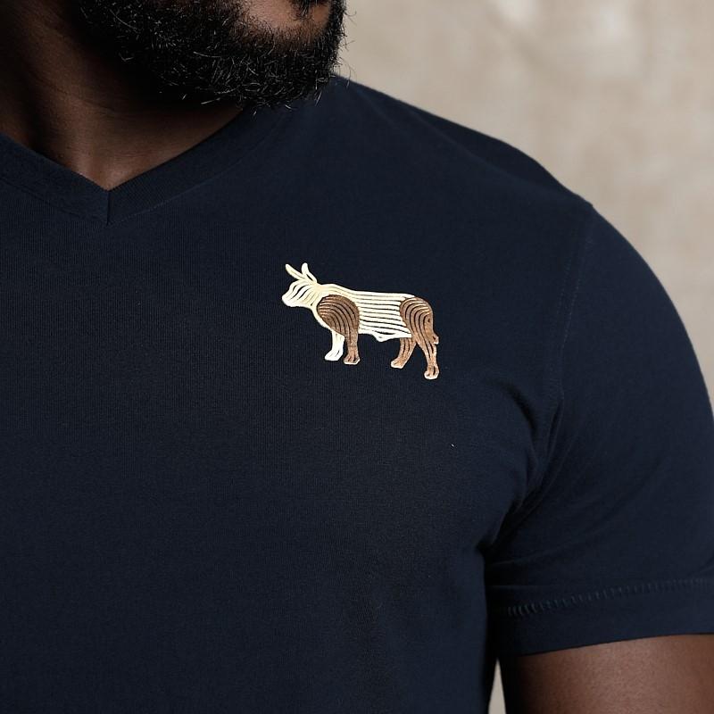Line Art Foil Nguni V-Neck Tee - Midnight