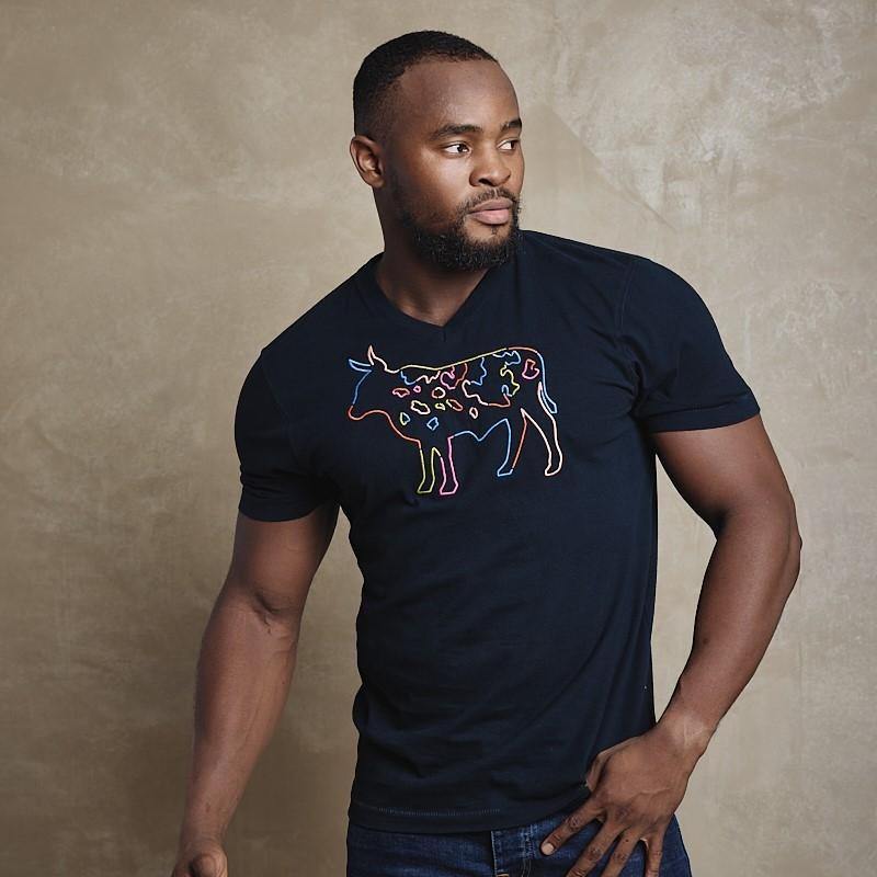 Fine Satin Stitch Nguni V-Neck Tee - Midnight
