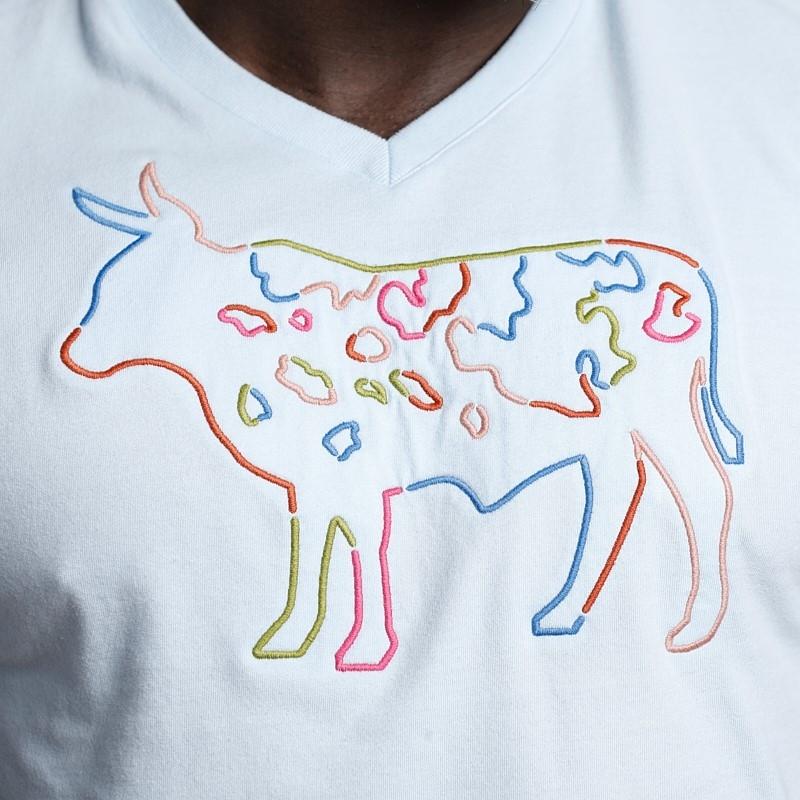 Fine Satin Stitch Nguni V-Neck Tee - Sky