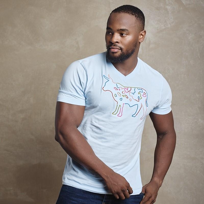 Fine Satin Stitch Nguni V-Neck Tee - Sky