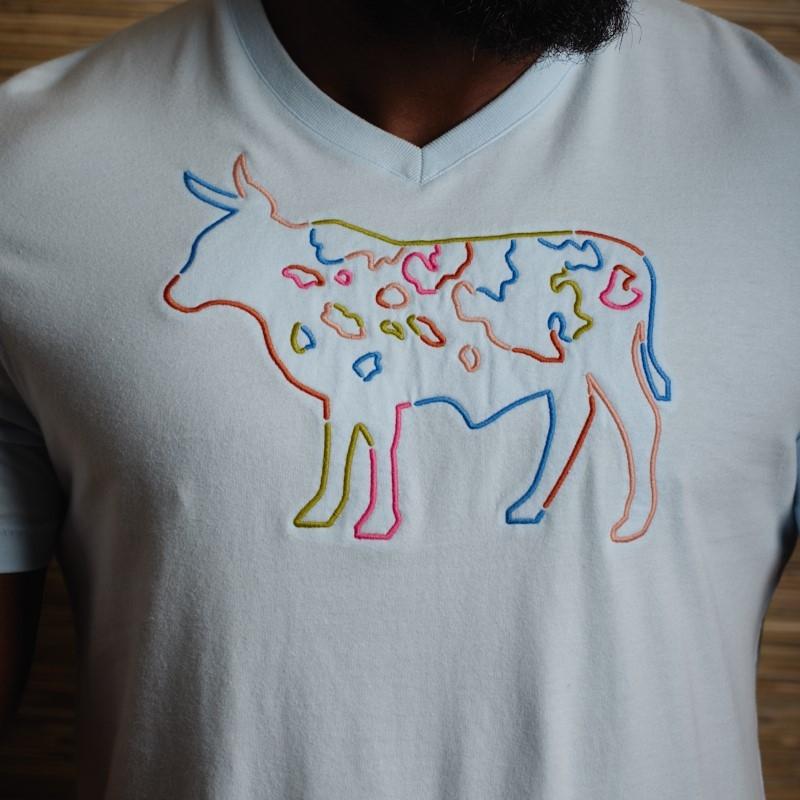 Fine Satin Stitch Nguni V-Neck Tee - Sky