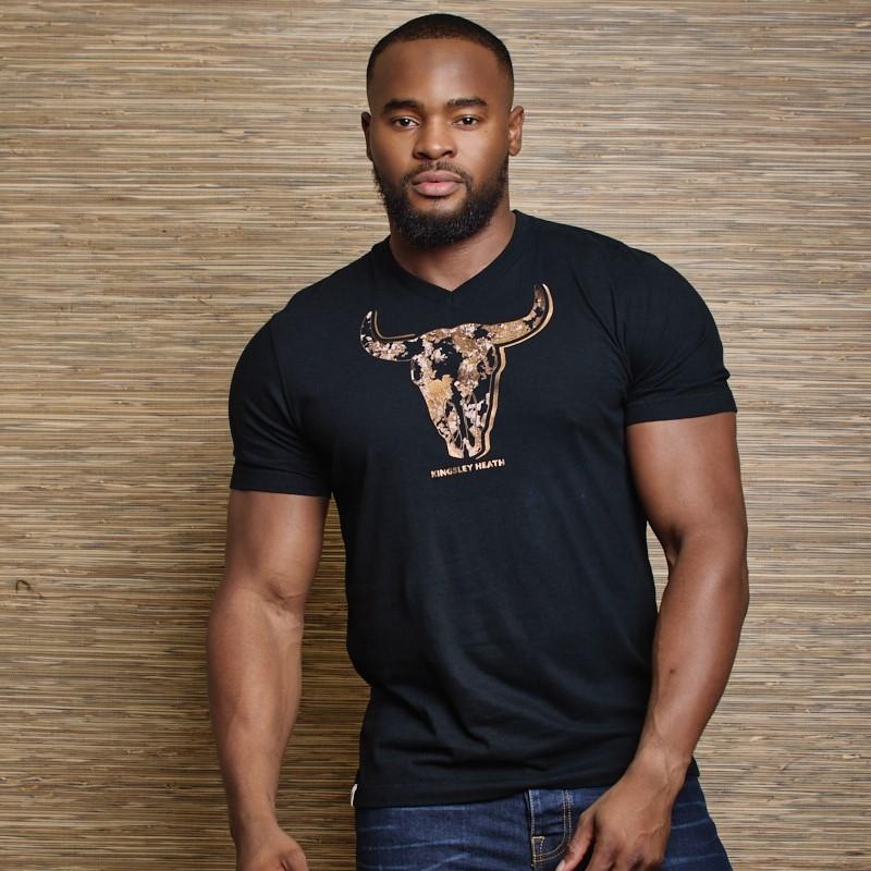 Gold Nguni Hide Skull V-Neck Tee  - Mamba