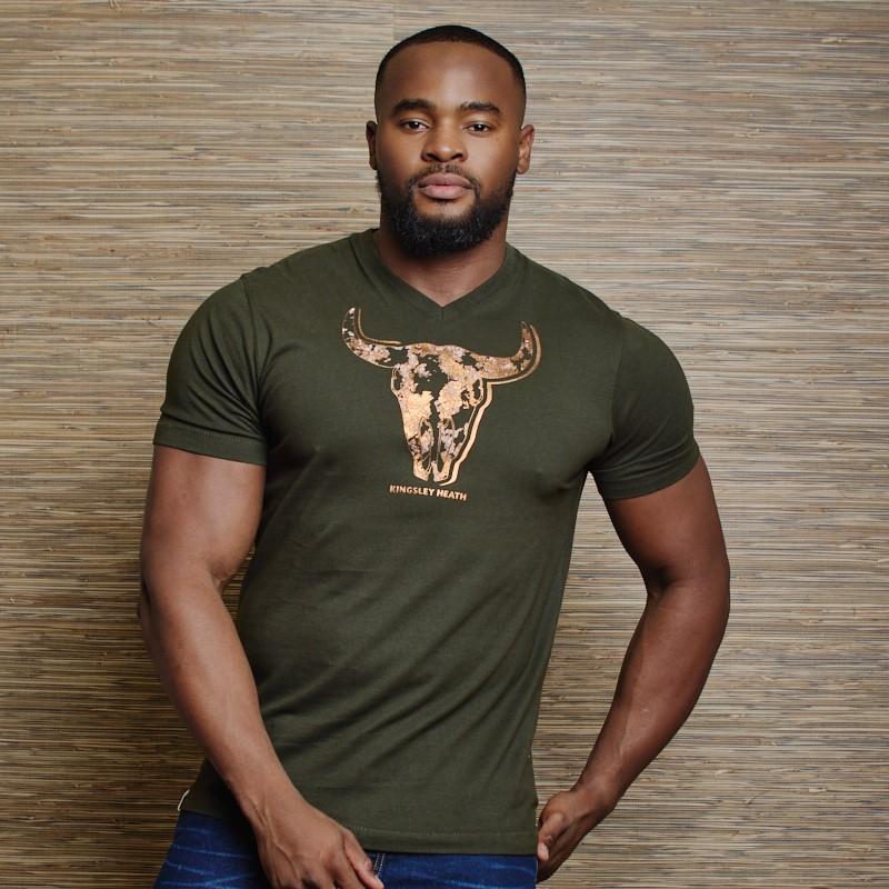 Gold Nguni Hide Skull V-Neck Tee  - Fatigue