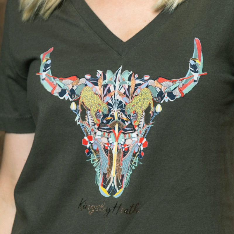 African Luxe Skull V-Neck Shabby Tee Fatigue